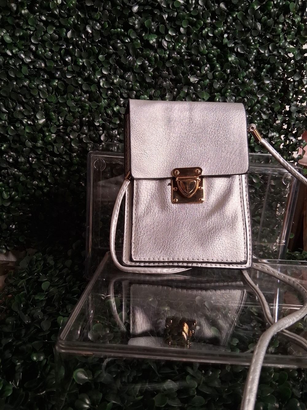 Silver Crossbody Mini Bag with Gold Lock